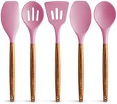 Zulay Kitchen Utensils Set Non-Stick Silicone Cooking Utensils Set with Authentic Acacia Wood Handles - 5 Piece Silicone Utensil Set - Silicone Kitchen Utensils Set with 464°F Heat Resistance - Pink