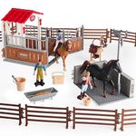 RCOMG Horse Stable Figurines Playset, 31 Pieces Horse Club with Horse Wash Area and Fence Figures, Barn Horse Toys Gift for Girls and Boys 3 4 5 6 7 8