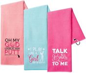 A1DIEE Microfibre Absorbent Golf Towel - 3pcs Women Pink Clean Golf Ball Towels Embroidery Pattern Golf Towels with Carabiner Clip for Golf Bags Sport Gift Accessories for Mama Wife Golfers