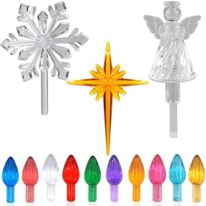 YOULIK 110Pcs in 10 Colors Ceramic Christmas Tree Replacement Bulbs - Plastic Lights Pegs, Included Angel Topper＆Snowflake Top＆Cross Stars.