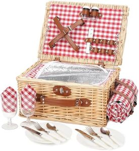 Picknickkorb für 2 Personen, Picknickkorb-Set mit Kühlfach und wasserdichte Picknickdecke, Besteck Set, Handgefertigtes Weidenkorb Picknick Korb Geschenk für Camping, Strand, Wandern (RotCheck)