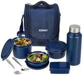 Amazon Brand - Solimo Stainless Steel Lunch Box Set of 7 | 3 Containers (470ml, 330ml & 230ml), 1 Pickle Box, 1 Water Bottle (700ml) & Cutlery | 100% Food Grade | BPA Free Lid | Easy to Clean, Blue