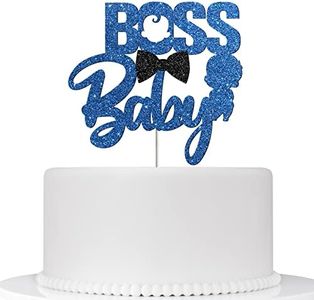 Boss Baby Cake Topper for Boy Birthday, Gender Reveal Welcome Baby Boy Cake Decoration, Baby Shower Birthday Party Supplies Boss Boy - Blue Black Glitter