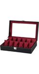 RBEEL Glass Top 12 Watch Black Leather Box Case Display Organizer Storage Tray for Men & Women (Black&Cherry)