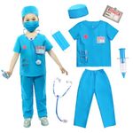 Wbesty Kids Scrubs for Girls Kids Doctor Costume 7pcs Play Kits with Costume and Accessories for Halloween Parties,Blue 3-5Y