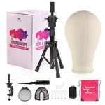 Neverland Beauty & Health 23 Inch Wig Head Stand Tripod, with Canvas Wig Head, Mannequin Head for Wigs, Manikin Canvas Head Block Set for Making Display with T Pins Set Bristle Brush
