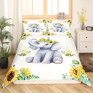 Cute Elephant Kids Duvet Cover Set Full Size,Boys Girls Adults Cabin Decor,Sunflowers Plants Rustic Farmhouse Comforter Cover,Cartoon Animal Kawaii Bedding Set,Bright Quilt Cover,2 Pillowcases