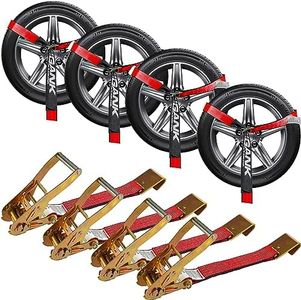 Digank Car Tie Down Straps for Trailers (4PK) Flat Hooks Lasso Style and 2'' X 96'' Tie Down Webbing Easily Secure Tire Tie-Downs for Any Car, SUV, Jeep or Sports Car