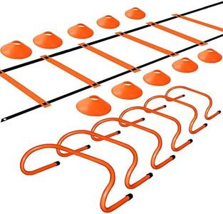 TNZMART Agility Ladder and Sport Hurdles Training Set with 10 Plastic Sport Cones Adjustable Ladder for Training (Orange，6 Hurdles)