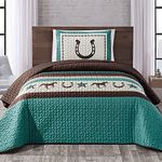 WPM WORLD PRODUCTS MART Western Teal/Beige/Brown Horseshoe, Horse, Barb Wire Cowboy Print Twin Size Bedspread 2 Piece Southwestern Cabin Lodge Design Coverlet Quilt Set- JENA (Twin)