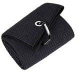 Mile High Life Tri-fold Golf Towel | Premium Microfiber Fabric | Waffle Pattern | Heavy Duty Carabiner Clip (Black/Black)