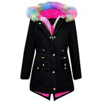 A2Z 4 Kids Kids Girls Hooded Jacket Faux Fur - Parka Jackets Rainbow Fur Black 11-12 Years