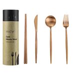 Copper Silverware Set Korean Chopsticks - 16-Piece KiiZYs Kitchen Utensil Set Stainless Steel Flatware - Modern Dinnerware Spoon Fork Knife Cutlery Housewarming Copper Gift Box (Matte Copper, 4 Sets)