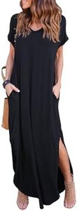 HUSKARY Womens Casual Pocket Beach Long Dress Short Sleeve Split Loose Maxi Dress, Black 01, Large