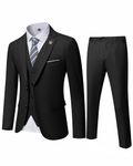 MY'S Men's 3 Piece Slim Fit Suit Set, 2 Button Blazer Jacket Vest Pants with Tie, Solid Wedding Dress Tux and Trousers - Black - Large