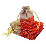 KRIWIN Pack of 25 pcs Small Size Brocade & Jute Potli Gift Bags (18 X 12 cm) Red & Beige