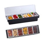 Bar Top Food Condiment Dispenser Container with Lid, 6 Tray Plastic Garnish Station for Fruit, Veggie, Salad - Ice Cooled Topping Organizer for Home Restaurant Supplies & Serving