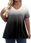 Generic Plus Size Shirt Women Cotton V Neck Surf Gradient Color Short Sleeve Shirt Comfort Gradient Color Elegant Shirts Teen Girls Black, 3X-Large