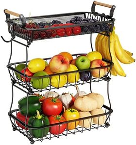 ANTOPY 3 Tier Fruit Basket with 2 Banana Hangers, Countertop Vegetable Bowl Kitchen Counter Metal Mesh Fruits Stand Produce Holder Organizer Onion Potato Bread Snack Veggie, Black (BP209)