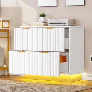 DWVO Modern File Cabinet with Led Light, 2 Drawer Filing Cabinet, Large Lateral Storage Cabinet for Home Office, White