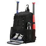 AIENJIU Softball Bag, Baseball Bat Bag for Youth Boys Adult, Lightweight Baseball Equipment Backpack with Shoe Compartment, Bat Backpack with Fence Hook for TBall Bat, Helmet(Black)