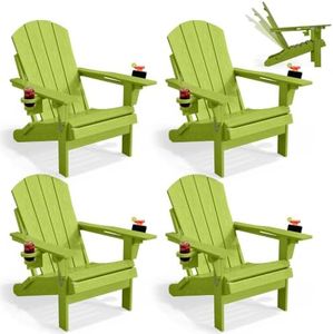 Adjustable Folding Adirondack Chair Set of 4, Reclining Patio Chair with Dual Cup Holders, Heavy Duty 350 LBS, All-Weather HDPE Outdoor Lounge Chair for Lawn, Garden, Deck, Fire Pit, Light Green