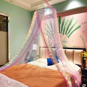Eimilaly Principessa baldacchino letto con 250pcs luci bianche calde tenda, baldacchino letto arcobaleno per le ragazze camera decorazione o festa a tema unicorno