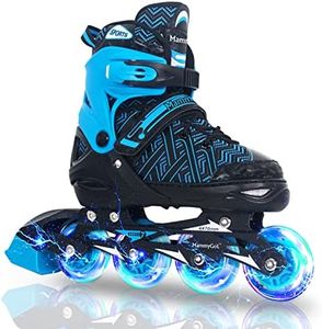 Inline Skates for Boys Girls, Outdoor Adjustable Roller Skates for Kids Youth Beginners with Full Illuminating Safe Durable Blue Size 5 6 7 8