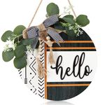 CHDITB Boho 3D Hello Wreath for Front Door(11.42"x11.42"), Rustic Farmhouse Porch Wreath Sign with Eucalyptus Leaves Plaid Bow Bead, Round Hello Home Door Hanger for Porch Outdoor