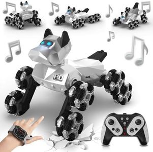 Ruxrcni Remote Control Robot Dog Toy 2.4GHz 8WD All-Terrain Gesture Sensing Stunt RC Cars RTR Climbing Robot Dogs with Music Light Eyes 2 Rechargeable Batteries for 8-12 Boys Girl Kids