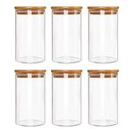 RAMOJI INTERNATIONAL 1000 ML Airtight clear glass storage canister with wood lid food storage container jar with sealing bamboo lid for kitchen storage and multipurpose use, set of 6