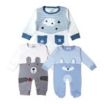 Kidbea 100% Organic Cotton Bodysuit | Romper | Sleepsuit | Jumpsuit for New-Born Baby Girls & Boys infants & Toddler, Color Grey Bear & Blue Fox, Star Printed Combo Of 3 Size 0-3M