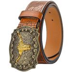 KorhLeoh Western Leather Cowboy Buckle Belt for Men Women Jeans Engraved Floral Longhorn Bull Texas Buckle Belt (33-41" waist)