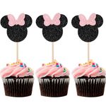 ZHUOWEISM 24 PCS Black and Pink Mini Mouse Inspired Cupcake Toppers with Bow Glitter Mini Cupcake Picks Decorations for Baby Shower Wedding Kids Birthday Party Supplies