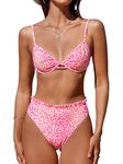 CUPSHE Women Swimsuit Bikini Set High Waisted Push Up Cheeky Drawstring Two Piece Bathing Suit, Pink/Leopard, Small