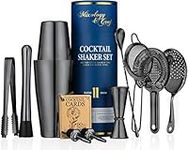 Mixology & Craft Cocktail Shaker Set - 11-Piece Cocktail Set Includes Weighted Boston Shaker, Jigger, Strainer for Bartending - Bonus Recipe Cards - Bar Accessories (Black)