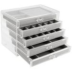 ZEONHEI 5 Drawers Clear Acrylic Jewellery Storage Organiser Box, Adjustable Velvet Jewellery Earring Rings Necklaces Bracelet Display Holder Case for Women Ladies Girls Gift, 9.3x5.9x6.8 Inch