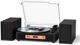 TANLANIN Retro Vinyl Record Player with Built-in & External Speakers, Black | 3-speed belt-drive vintage turntable USB/TF & PC recording, Bluetooth input, auto stop, RCA/AUX for flexible home listening