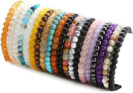 JEWPARK 20Pcs Gemstone 6mm Round Beads Bracelet Set Healing Crystal Stone Stretch Bracelets for Men Women Round Beaded Elastic Bracelets