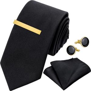 Black Ties for men and Cufflinks Tie Clips Set, Solid Satin NeckTie for Father's Day,Anniversary,Wedding and Bussiness., Black Skinny, 3'' × 58''