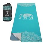 MoKo Towel for Yoga, Non Slip Hot Yoga Mat Yoga Blanket Printing Pattern Fast-Drying with Corner Pocket for Bikram, Pilates, Gym Workout, Outdoor Picnic, Lake Blue & Elephant