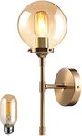 Nauticaz Glass Globe Wall Sconce, Mid Century Modern Wall Sconce, Golden Antique Brass Wall Light with Amber Glass Shade, 1-Light Gold Globe Wall Lamp for Bathroom