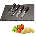 Slate Cheese Board & Cheese Knife Set - Anti Bacterial Black Ceramic Coated, Black Blades and Back Ergonomic, Soft Grip Handle - Shiny Copper Bolster - 30 x 20 x 0.6cm Slate Board.