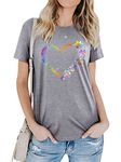 Dresswel Women Cute Summer Tops Dog Paw Graphic Print Heart Pattern T-Shirt Crew Neck Short Sleeve Basic Tee Shirts Gray