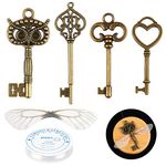 SANNIX 30 PCS Vintage Skeleton Keys Flying Keys Charms with 30 Pairs Dragonfly Wings and 30 Yards Elastic Crystal String for DIY Christmas Decorations