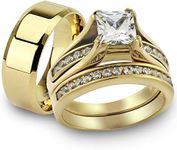 Marimor Jewelry Her and His 14K Gold Plated Stainless Steel 3 Piece Wedding Engagement Ring and Men's Band Set Women's Size 06 Men's 06mm Size 06