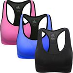 ANGOOL Women's Sports Bra Padded High Impact Racerback Comfy Yoga Workout Bra, S Fit 30B 30C 30D 32B 32C 32D 34B 34C, Black+blue+rose