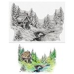 Threetols Tree Clear Stamps for Card Making, Chalet House Clear Rubber Stamps Bridge River Stamps for Holiday Card Making Decor DIY Scrapbooking Transparent Album Decor Paper Craft