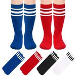 BISOUSOX 4 Pairs Football Socks for Kids Boys Athletic Socks Toddler Striped Knee-High Socks Boys Girls School Socks Cotton Children's Running Training Socks Breathable Gift for Girls Unisex