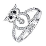 JewelryWe Owl Ring for Women,Simple Hollow Owl Head Ring with Cubic Zirconia Owl Bird Animal Ring Silver CZ Rings for Women Girls